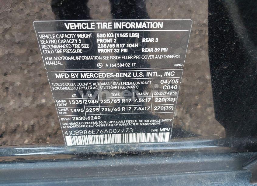 Photo 9 of 2006 Mercedes-benz Ml 350 4MATIC (VIN 4JGBB86E76A007773)