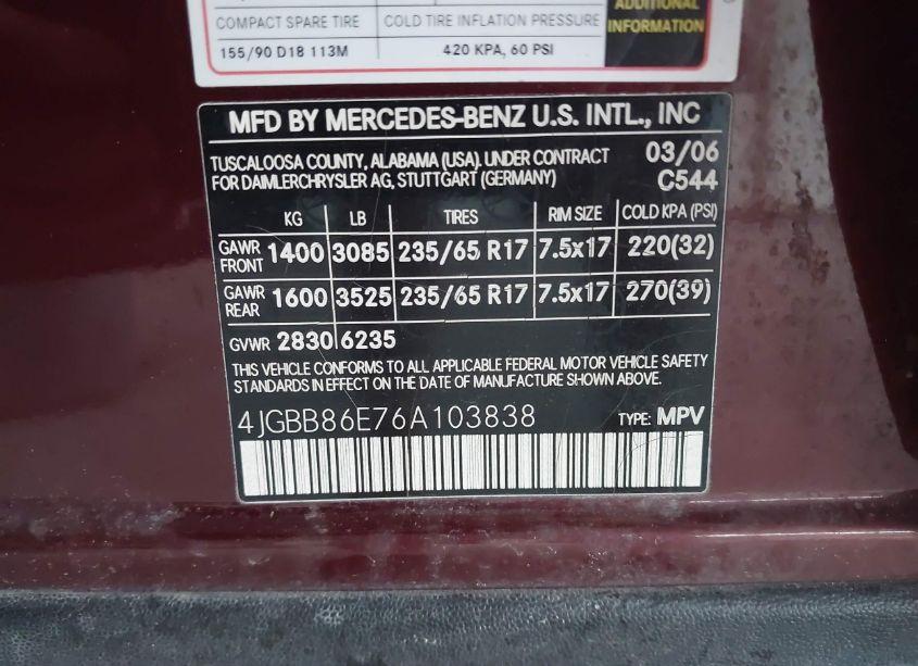 Photo 9 of 2006 Mercedes-benz Ml 350 4MATIC (VIN 4JGBB86E76A103838)