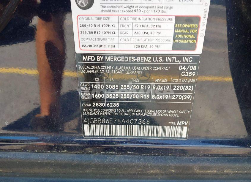 Photo 9 of 2008 Mercedes-benz Ml 350 4MATIC (VIN 4JGBB86E78A407366)