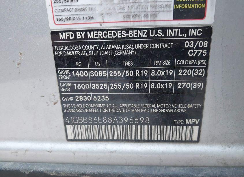 Photo 9 of 2008 Mercedes-benz Ml 350 4MATIC (VIN 4JGBB86E88A396698)