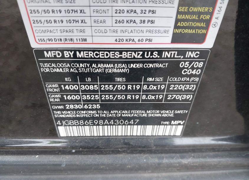 Photo 9 of 2008 Mercedes-benz Ml 350 4MATIC (VIN 4JGBB86E98A430647)