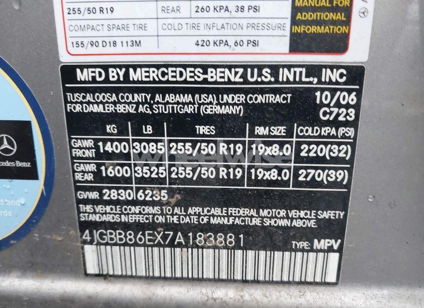 Photo 9 of 2007 Mercedes-benz Ml 350 4MATIC (VIN 4JGBB86EX7A183881)