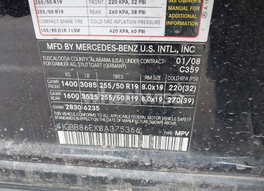 Photo 9 of 2008 Mercedes-benz Ml 350 4MATIC (VIN 4JGBB86EX8A375366)