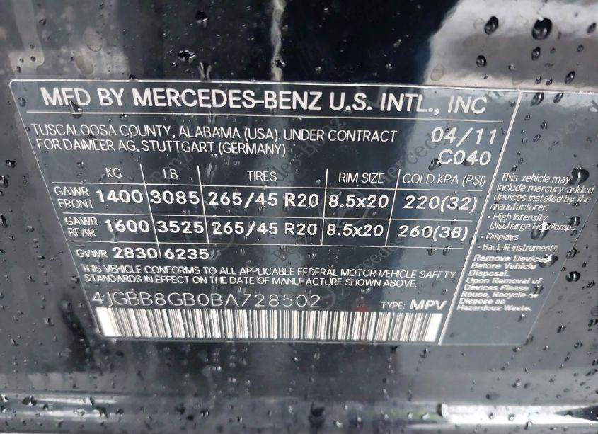 Photo 9 of 2011 Mercedes-benz Ml 350 4MATIC (VIN 4JGBB8GB0BA728502)