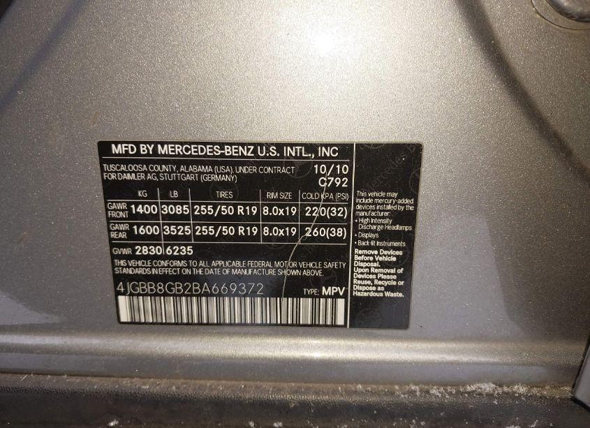 Photo 9 of 2011 Mercedes-benz Ml 350 4MATIC (VIN 4JGBB8GB2BA669372)
