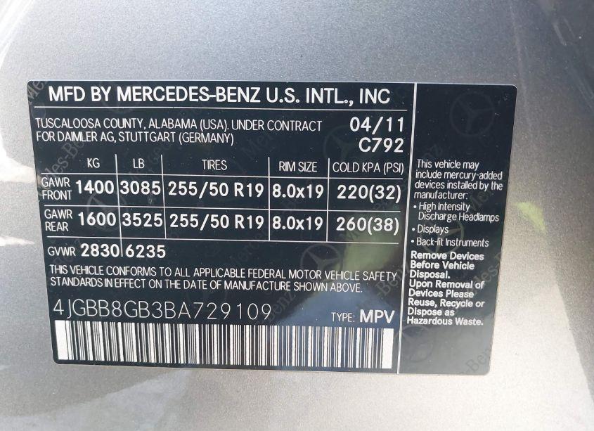 Photo 9 of 2011 Mercedes-benz Ml 350 4MATIC (VIN 4JGBB8GB3BA729109)