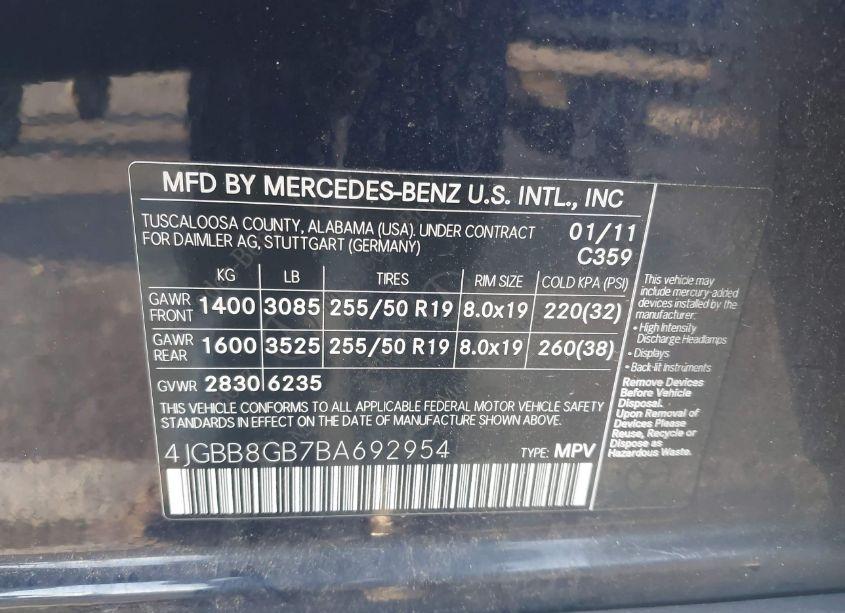 Photo 9 of 2011 Mercedes-benz Ml 350 4MATIC (VIN 4JGBB8GB7BA692954)