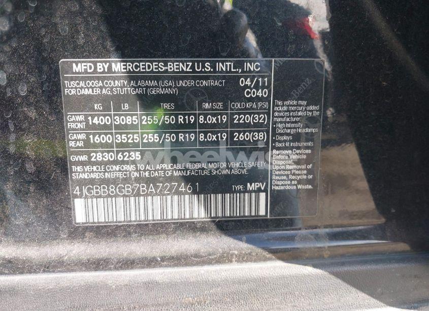 Photo 9 of 2011 Mercedes-benz Ml 350 4MATIC (VIN 4JGBB8GB7BA727461)