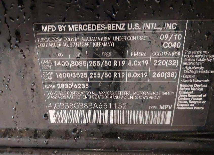 Photo 9 of 2011 Mercedes-benz Ml 350 4MATIC (VIN 4JGBB8GB8BA651152)