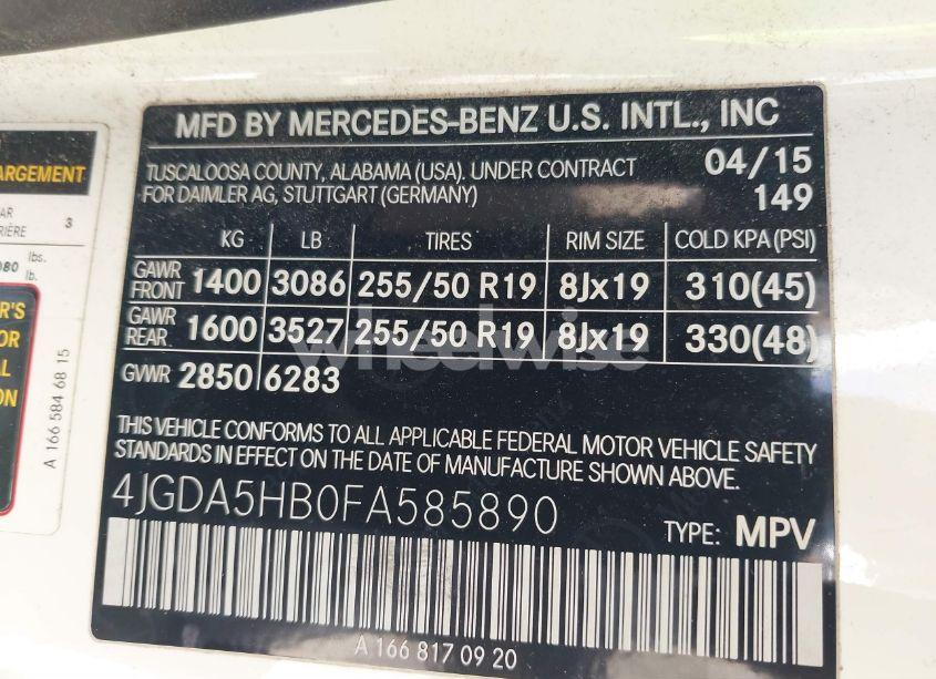 Photo 9 of 2015 Mercedes-benz Ml 350 4MATIC (VIN 4JGDA5HB0FA585890)