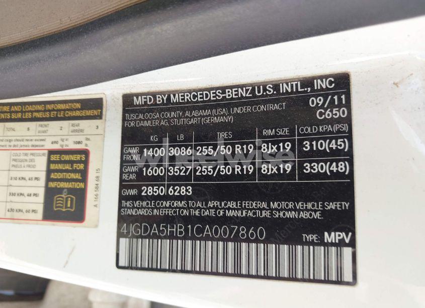 Photo 9 of 2012 Mercedes-benz Ml 350 4MATIC (VIN 4JGDA5HB1CA007860)