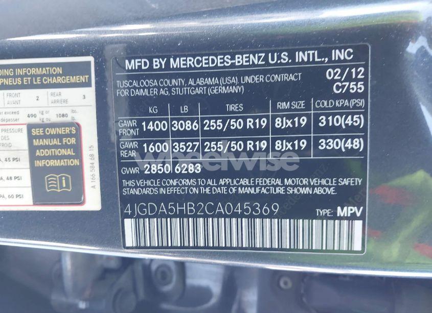 Photo 9 of 2012 Mercedes-benz Ml 350 4MATIC (VIN 4JGDA5HB2CA045369)