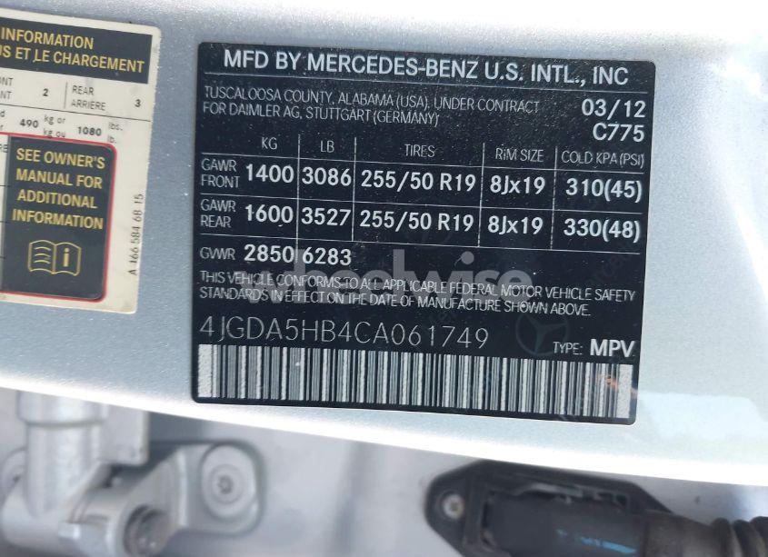 Photo 9 of 2012 Mercedes-benz Ml 350 4MATIC (VIN 4JGDA5HB4CA061749)