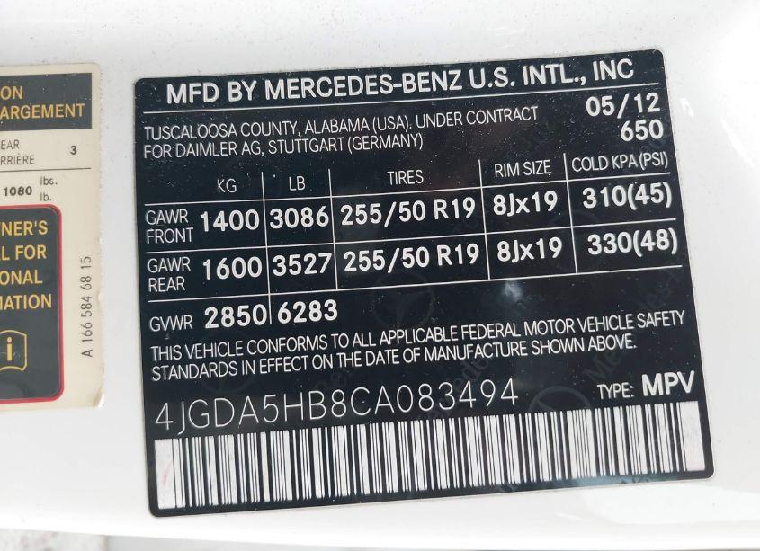 Photo 9 of 2012 Mercedes-benz Ml 350 4MATIC (VIN 4JGDA5HB8CA083494)