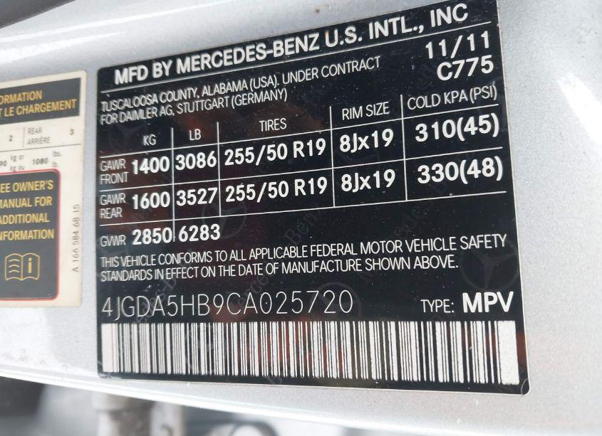 Photo 9 of 2012 Mercedes-benz Ml 350 4MATIC (VIN 4JGDA5HB9CA025720)