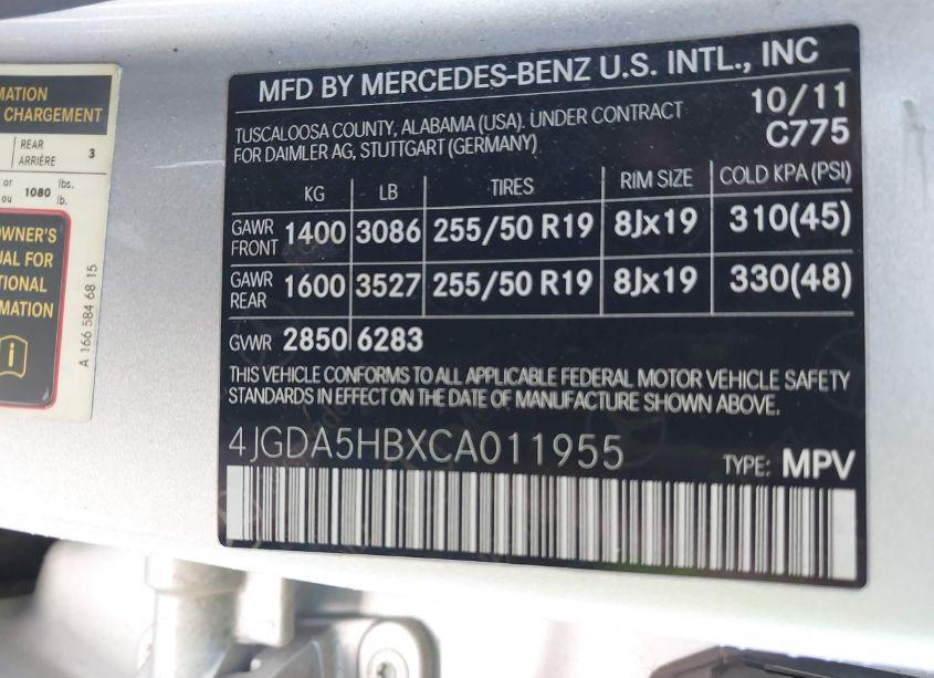 Photo 9 of 2012 Mercedes-benz Ml 350 4MATIC (VIN 4JGDA5HBXCA011955)