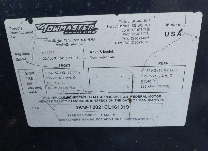 Photo 9 of 2012 Towmaster Trailers OTHER (VIN 4KNFT2021CL161319)