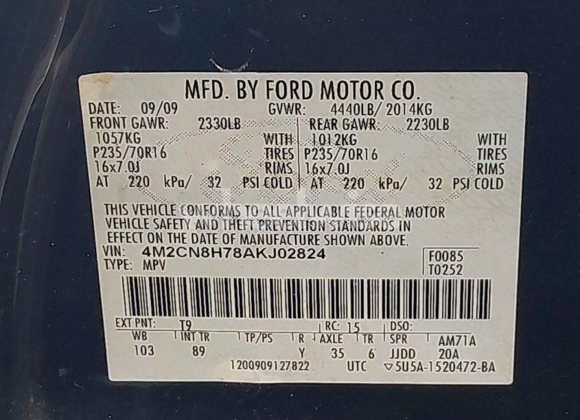 Photo 9 of 2010 Mercury Mariner PREMIER (VIN 4M2CN8H78AKJ02824)