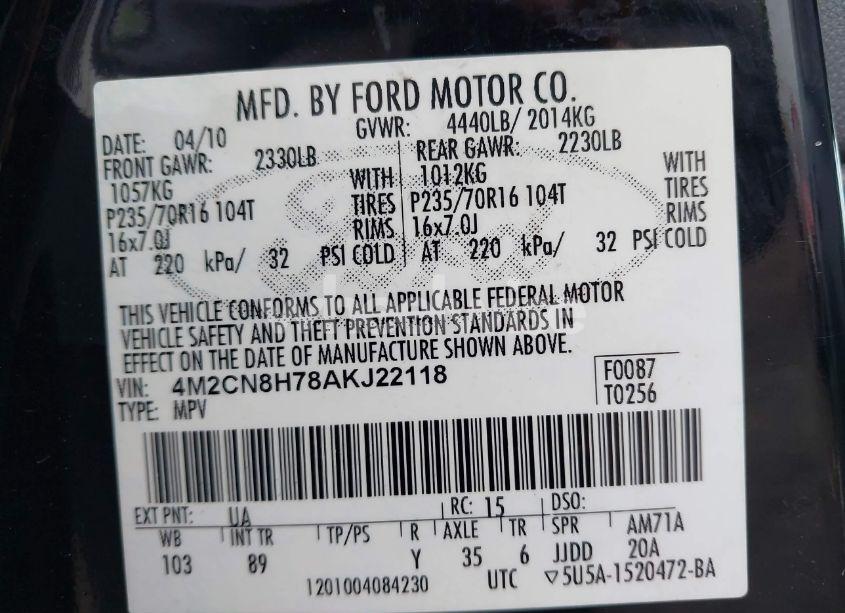 Photo 9 of 2010 Mercury Mariner PREMIER (VIN 4M2CN8H78AKJ22118)