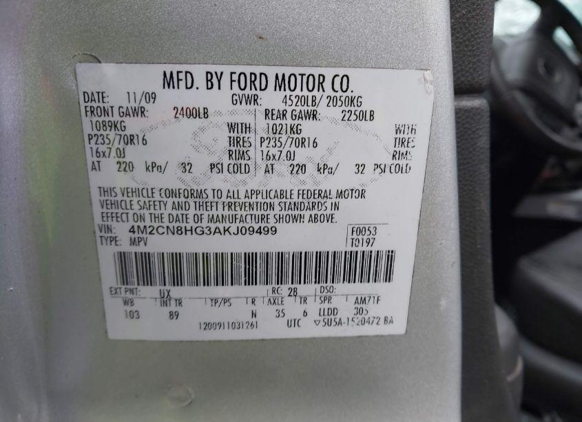 Photo 9 of 2010 Mercury Mariner PREMIER (VIN 4M2CN8HG3AKJ09499)