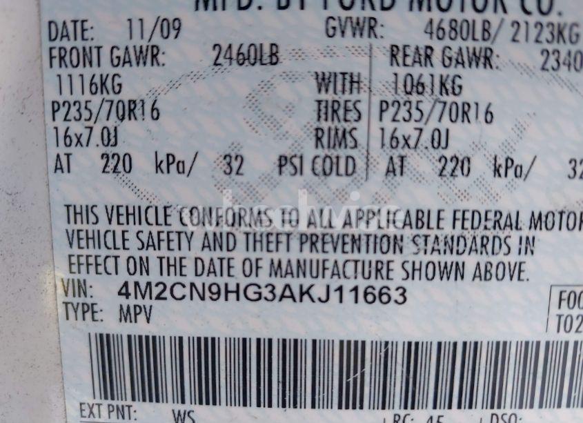 Photo 9 of 2010 Mercury Mariner PREMIER (VIN 4M2CN9HG3AKJ11663)