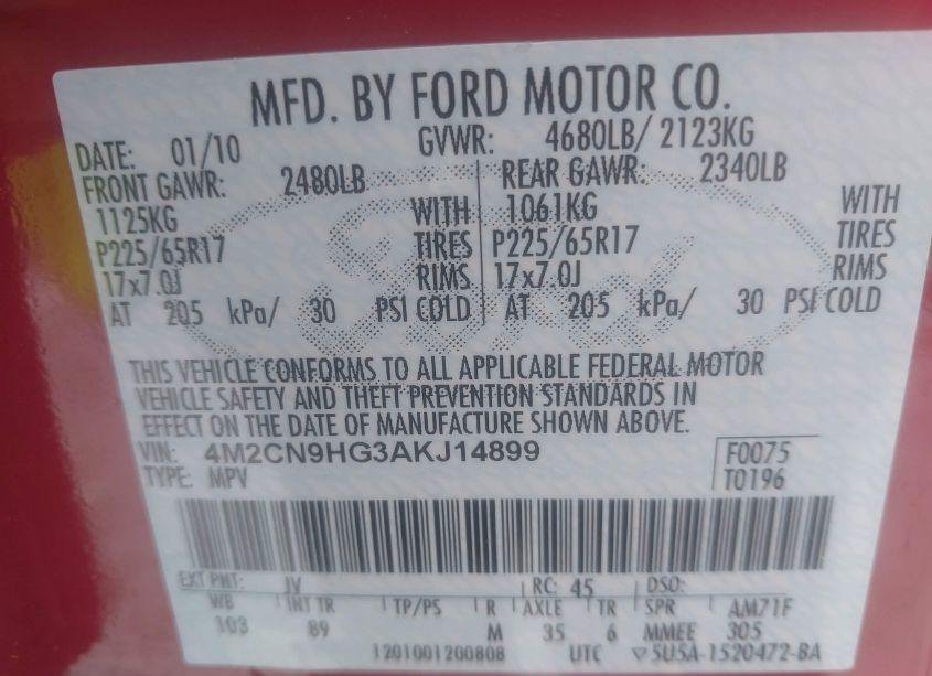 Photo 9 of 2010 Mercury Mariner PREMIER (VIN 4M2CN9HG3AKJ14899)