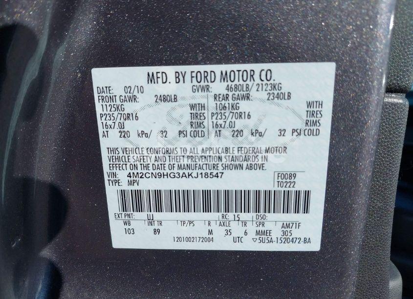 Photo 9 of 2010 Mercury Mariner PREMIER (VIN 4M2CN9HG3AKJ18547)