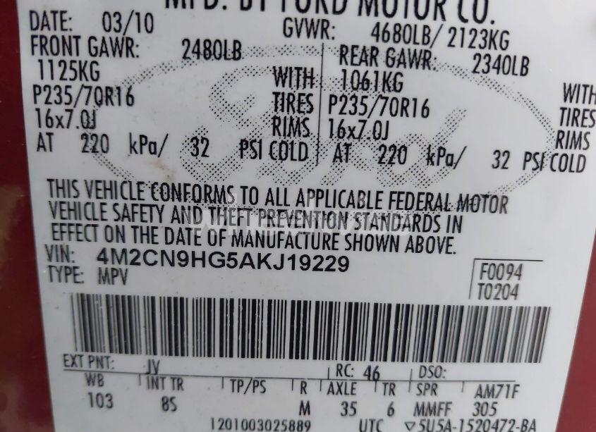 Photo 9 of 2010 Mercury Mariner PREMIER (VIN 4M2CN9HG5AKJ19229)