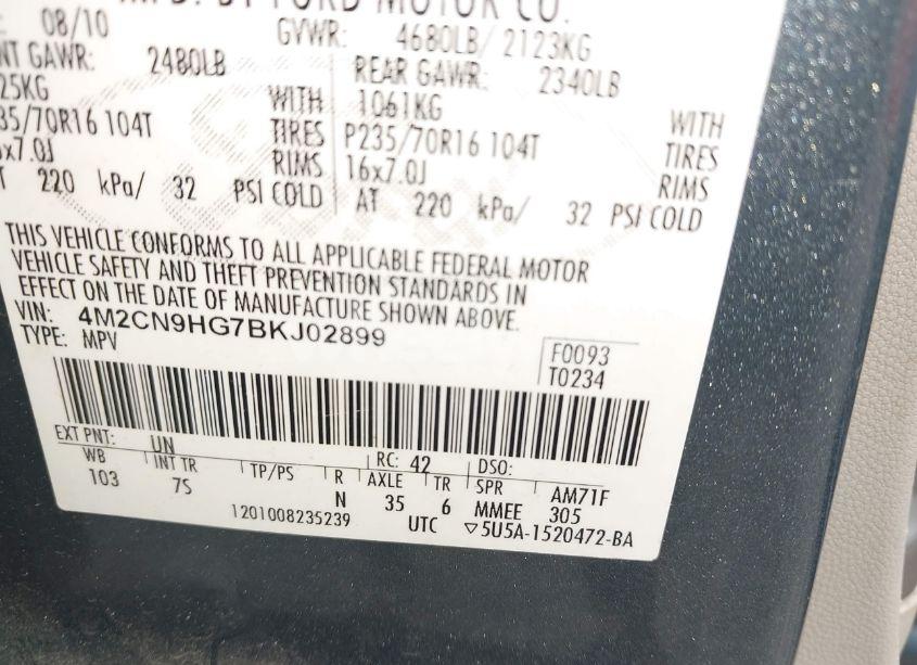 Photo 9 of 2011 Mercury Mariner PREMIER (VIN 4M2CN9HG7BKJ02899)