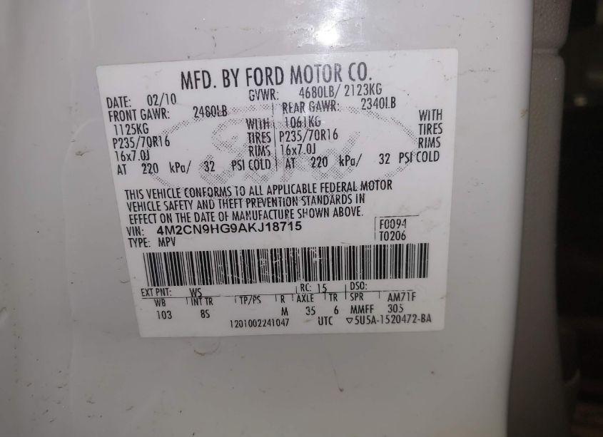 Photo 9 of 2010 Mercury Mariner PREMIER (VIN 4M2CN9HG9AKJ18715)