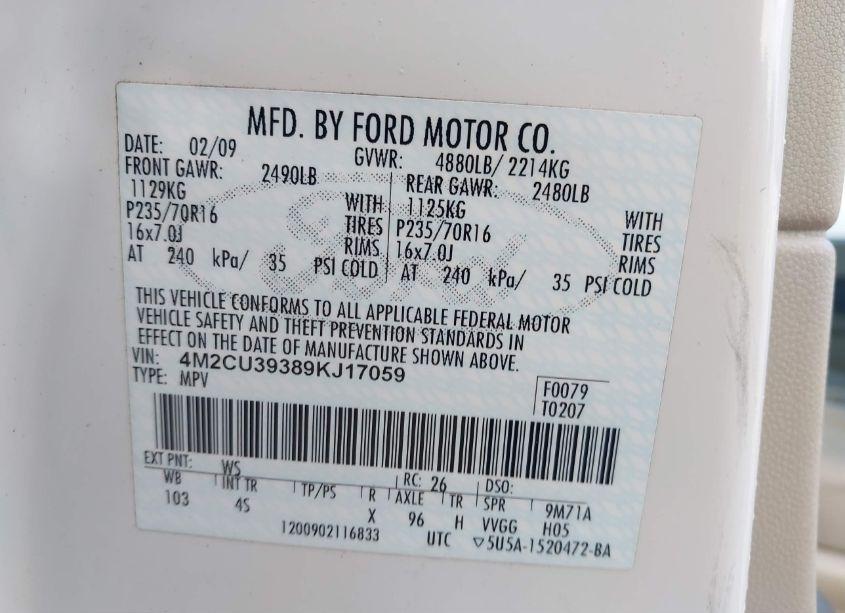 Photo 9 of 2009 Mercury Mariner HYBRID (VIN 4M2CU39389KJ17059)