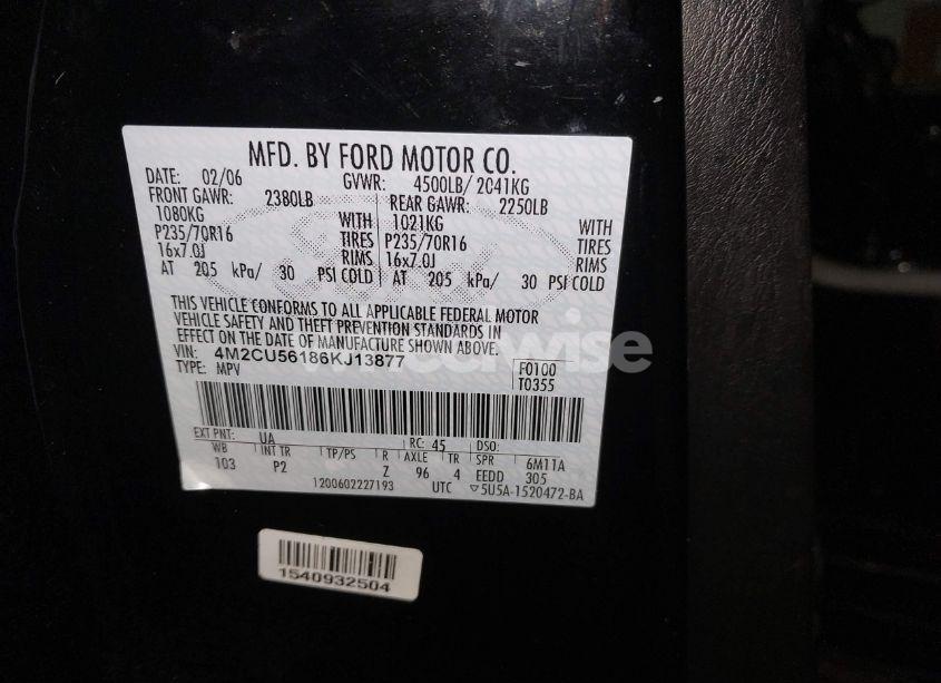 Photo 9 of 2006 Mercury Mariner LUXURY/PREMIER (VIN 4M2CU56186KJ13877)