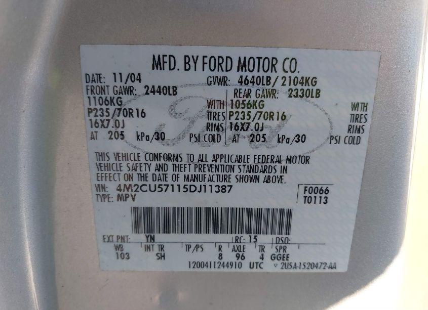 Photo 9 of 2005 Mercury Mariner LUXURY/PREMIER (VIN 4M2CU57115DJ11387)