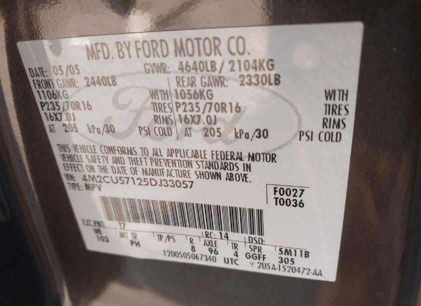 Photo 9 of 2005 Mercury Mariner LUXURY/PREMIER (VIN 4M2CU57125DJ33057)