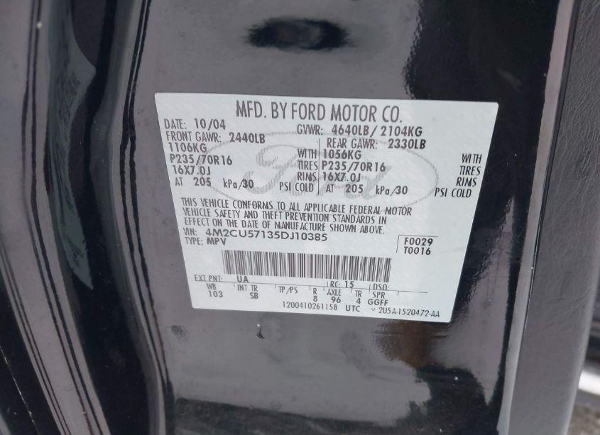 Photo 9 of 2005 Mercury Mariner LUXURY/PREMIER (VIN 4M2CU57135DJ10385)