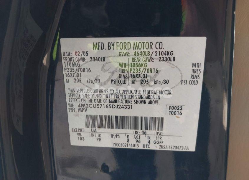 Photo 9 of 2005 Mercury Mariner LUXURY/PREMIER (VIN 4M2CU57165DJ24331)