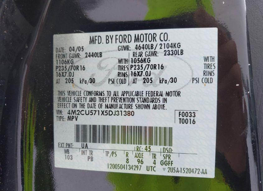 Photo 9 of 2005 Mercury Mariner LUXURY/PREMIER (VIN 4M2CU571X5DJ31380)