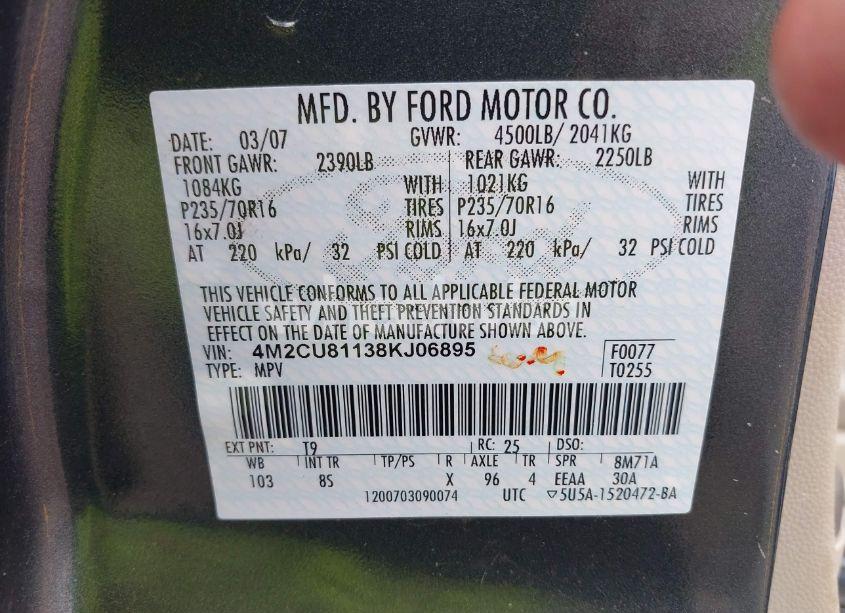 Photo 9 of 2008 Mercury Mariner V6 (VIN 4M2CU81138KJ06895)