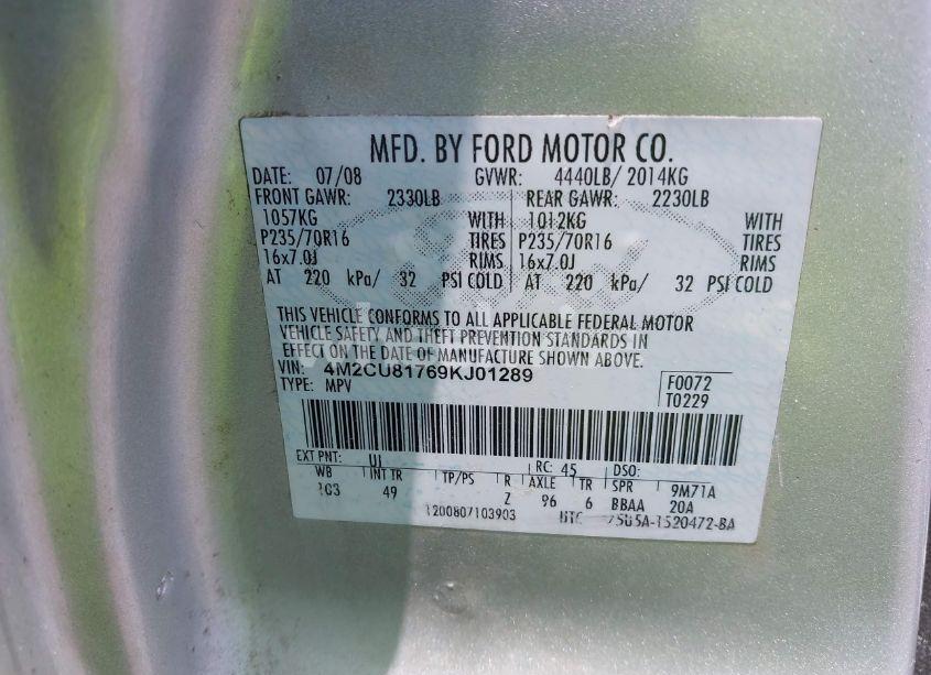 Photo 9 of 2009 Mercury Mariner I4 (VIN 4M2CU81769KJ01289)