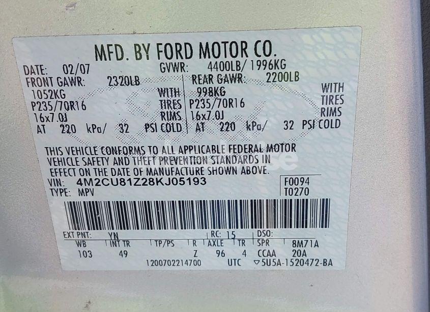 Photo 9 of 2008 Mercury Mariner I4 (VIN 4M2CU81Z28KJ05193)