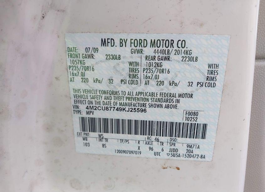 Photo 9 of 2009 Mercury Mariner PREMIER (VIN 4M2CU87749KJ25596)