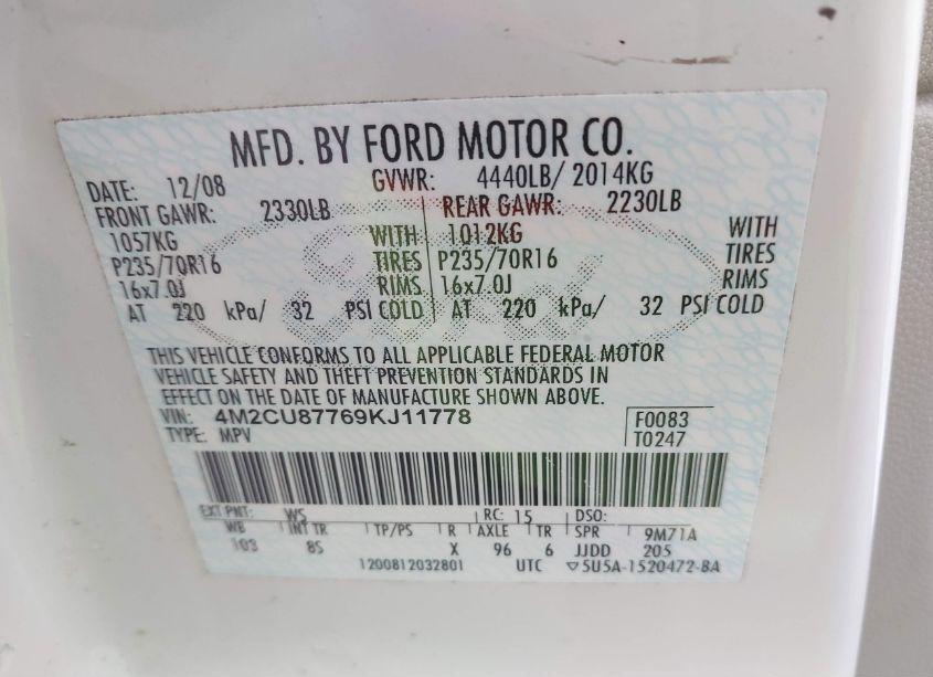 Photo 9 of 2009 Mercury Mariner PREMIER (VIN 4M2CU87769KJ11778)