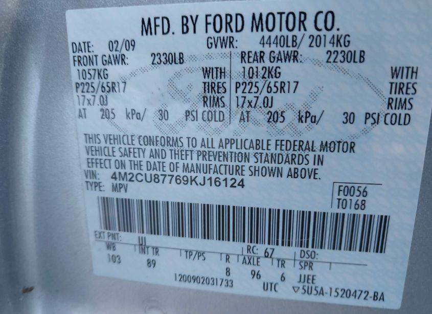 Photo 9 of 2009 Mercury Mariner PREMIER (VIN 4M2CU87769KJ16124)