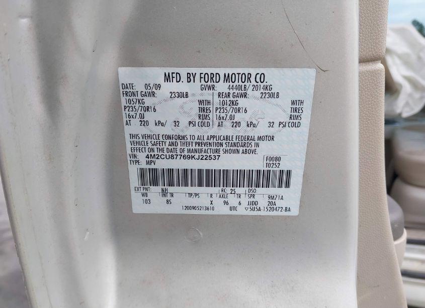 Photo 9 of 2009 Mercury Mariner PREMIER (VIN 4M2CU87769KJ22537)