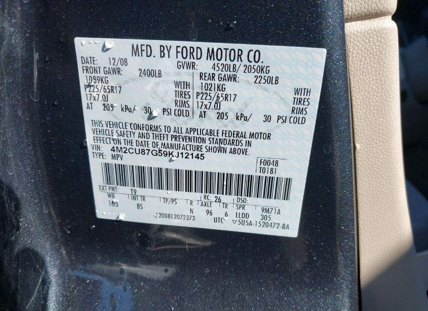 Photo 9 of 2009 Mercury Mariner PREMIER V6 (VIN 4M2CU87G59KJ12145)