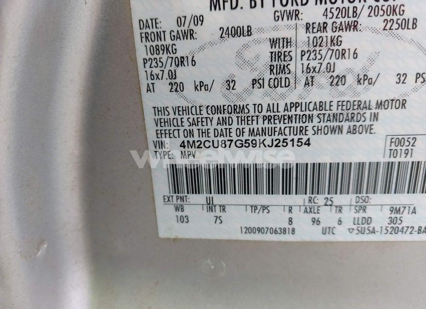 Photo 9 of 2009 Mercury Mariner PREMIER V6 (VIN 4M2CU87G59KJ25154)