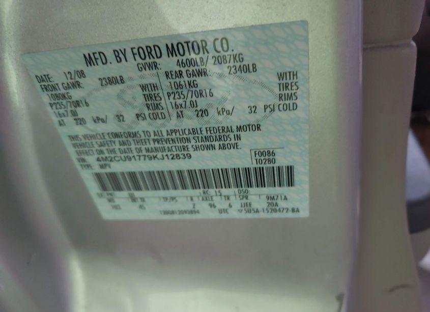 Photo 9 of 2009 Mercury Mariner I4 (VIN 4M2CU91779KJ12839)