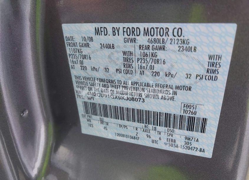 Photo 9 of 2009 Mercury Mariner V6 (VIN 4M2CU91GX9KJ08073)