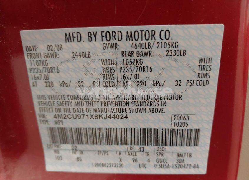 Photo 9 of 2008 Mercury Mariner PREMIER (VIN 4M2CU971X8KJ44024)