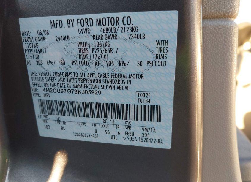 Photo 9 of 2009 Mercury Mariner PREMIER V6 (VIN 4M2CU97G79KJ05929)